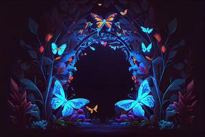 illustration of Abstract neon background with flowers and butterflies. Abstract fantasy floral sci - fi neon portal, neon illumination. Plant light neon tunnel with butterflies. photo