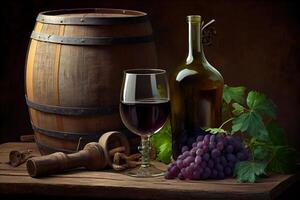 illustration of wine with wooden barrel, hay and grape photo