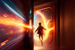 illustration of traveling through the door of the future with the speed of light photo