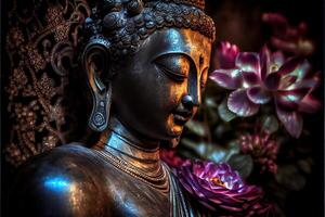 illustration of abstract lifelike buddha, flowers, magic lighting, beautiful metallic and stone colors, detailed, natural lighting, natural environment. Digitally generated image photo