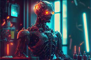 illustration of humanoid robot working in research laboratory. Artificial intelligence, automation of science, studio lighting, fantasy composition, cyberpunk photo