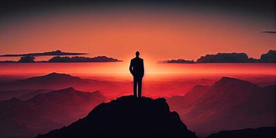 illustration of a lonely business man on top of the mountain photo