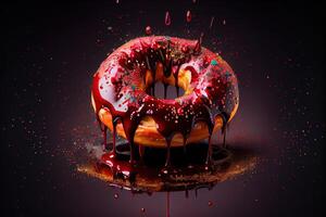 illustration of oil splatters, giant glistening doughnut, dark red candy apple, over top and dripping down sides, floating in black back drop. Digitally generated image photo