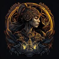 illustration of cyberpunk Zodiac sign with a industrial smoke, mechanic detail on shoulders, pollution, centered inside intricate gold and fire circle of city and Skyscrapers, steam punk photo