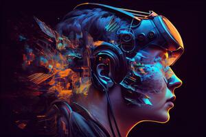illustration of Metaverse concept and virtual world elements. Side view of human face in augmented or virtual reality headset inside the metaverse photo