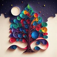 illustration of photo paper cut quilling multidimensional paper cut, craft paper illustration, christmas tree and colored lights vine stars, pop color. Neural network generated art.