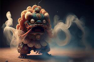 illustration of anthropomorphic traditional Chinese lion dance, big round eyes, plump body, Chinese Spring Festival, luminous particles, smoke photo