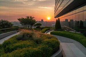 illustration of Gorgeous garden on the rooftop of a contemporary glass office building in Asia photo