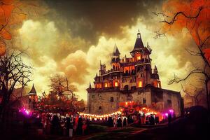 illustration of Colorful halloween indoor party, children playing on night halloween street, creepy castle, american neighborhood background. Digitally generated image. photo