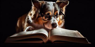 Generative AI illustration of Intelligent serious dog in glasses reading a book, volumn light photo