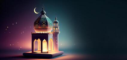 illustration of Islamic holiday. Ramadan night. Mosque and lantern displayed on stages with glowing light in the evening. Wallpaper and banner background. photo