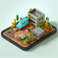 illustration of Office on smart phone, isometric diorama, land plot, pop color, colorful. Digitally generated image photo