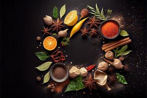 illustration of wide variety spices and herbs on background of black table, with empty space photo