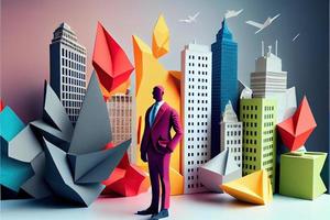 Business man in the city background, colorful. Business handshaking, successful concept. Paper cut craft, 3d paper illustration style. Neural network generated art. photo