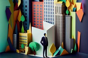 Business man in the city background, colorful. Business handshaking, successful concept. Paper cut craft, 3d paper illustration style. Neural network generated art. photo