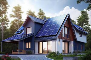 illustration of a newly constructed houses with solar panels on the roof under a bright sky, a close up of a brand new structure with blue solar panels photo