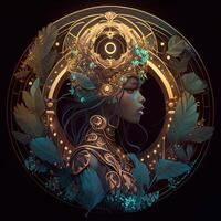 illustration of cyberpunk Zodiac sign with a forest growing on shoulders, galaxy, centered inside intricate gold circle of foliage photo