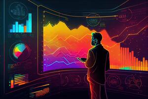 illustration of crypto market data, chart, silhouette crypto currency market, isometric, colorful gradient background photo