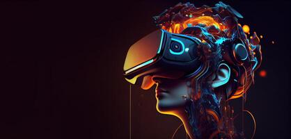 illustration of Metaverse concept and virtual world elements. Side view of human face in augmented or virtual reality headset inside the metaverse photo