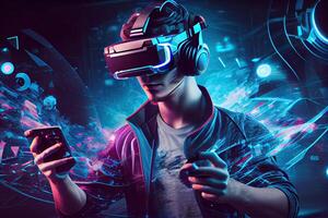 illustration of man with virtual reality VR goggle playing AR augmented reality game and entertainment, futuristic metaverse gameFi NFT game ideas photo