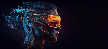 illustration of Metaverse concept and virtual world elements. Side view of human face in augmented or virtual reality headset inside the metaverse photo