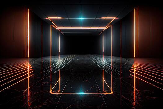 illustration of an abstract dark neon geometric background, set inside a dark and empty room with glowing laser lines on the walls, a wet concrete floor, with neon light reflections photo