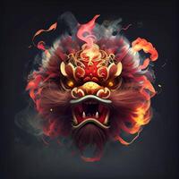 illustration of anthropomorphic traditional Chinese lion dance, big round eyes, plump body, Chinese Spring Festival, luminous particles, smoke photo