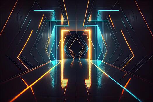 illustration of an abstract dark neon geometric background, set inside a dark and empty room with glowing laser lines on the walls, a wet concrete floor, with neon light reflections photo