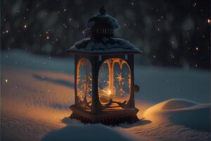 illustration of lantern with candles on a beautiful blue background with gold dust, stars and snow. Beautiful Christmas or New Year background. Neural network generated art. photo