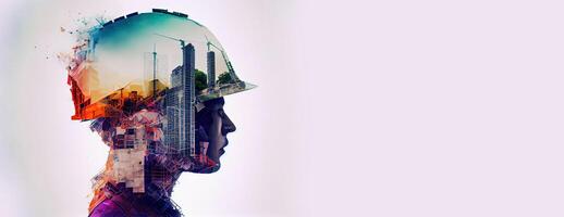 illustration of building construction engineering project devotion with double exposure design in head. Industrial and architecture. Neural network generated art. photo