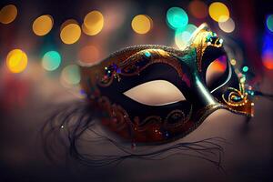 illustration of the vibrant energy and excitement of Brazilian Carnival, Venetian Carnival mask and confetti with abstract defocused bokeh lights and shiny streamers photo