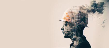 illustration of building construction engineering project devotion with double exposure design in head. Industrial and architecture. Neural network generated art. photo