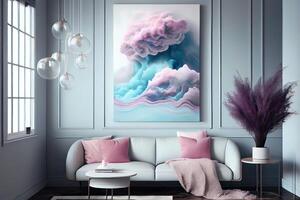 generativo ai ilustración de el etéreo belleza de un delicado pastel interior con un imagen en un ligero pared presentando nubes y olas foto