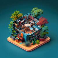 illustration of Office on smart phone, isometric diorama, land plot, pop color, colorful. Digitally generated image photo