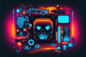 illustration of gaming background, abstract cyberpunk style of gamer wallpaper, neon glow light of scifi fluorescent sticks. Digitally generated image photo