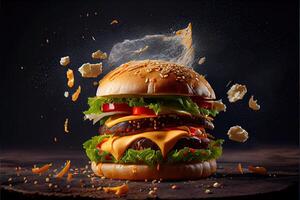 generativo ai ilustración de magníficamente delicioso hamburguesa con queso con lote de queso foto