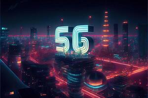 illustration of futuristic city at night, 5G internet network wireless systems and internet of things, smart city and communication network concept. photo