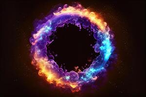 illustration of neon smoke exploding outwards with empty center. Dramatic smoke or fog effect for spooky, hot lighting ring circle photo
