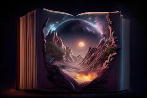 illustration of book of knowledge, universe, fantasy epic atmosphere, beautiful visual effects. Knowledge open new world. photo