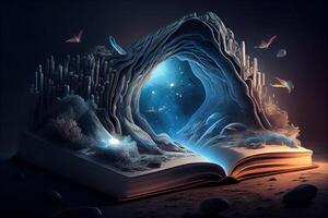 illustration of book of knowledge, universe, fantasy epic atmosphere, beautiful visual effects. Knowledge open new world. photo