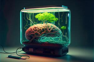 illustration of a brain in a jar sitting in an old lab, wires everywhere connect it to a row of monitors and glowing computer screens photo