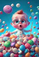 illustration of cute baby character and a lot of lollipops flying around, background confectionery photo