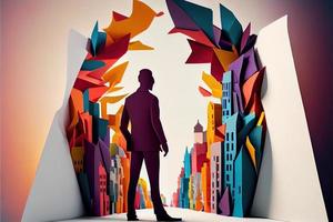 Business man in the city background, colorful. Business handshaking, successful concept. Paper cut craft, 3d paper illustration style. Neural network generated art. photo