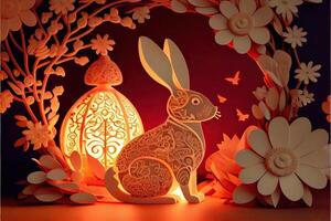 illustration of Paper cut craft, quilling multi dimensional Chinese style, cute zodiac bunny rabbit with lanterns in background, chinese new year. 3d paper illustration style. photo