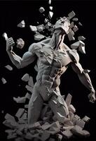 illustration of realistic stone man sculpture broken and pieces in black background. Motivation and surpassing yourself concept photo