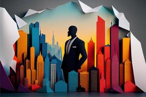 Business man in the city background, colorful. Business handshaking, successful concept. Paper cut craft, 3d paper illustration style. Neural network generated art. photo