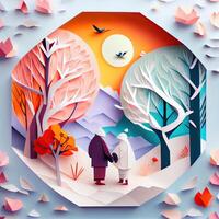 illustration of origami winter background, joyful elderly, colorful. Paper cut craft, 3d paper illustration style. Neural network generated art. photo