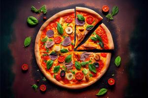 illustration of Homemade pizza with tomato and olives on dark stone background photo