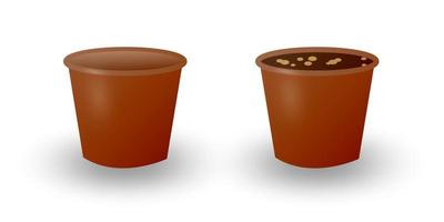 Two flower pots isolated on a white background. Flowerpot for growing indoor plants. The pot is empty and filled with earth closeup. Vector illustration.