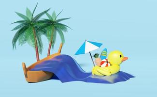 amarillo inflable Pato con paraguas,pelota,piña,tabla de surf,palma árboles, mar olas, barco aislado en azul, abstracto fondo.verano viaje concepto, 3d ilustración o 3d hacer foto